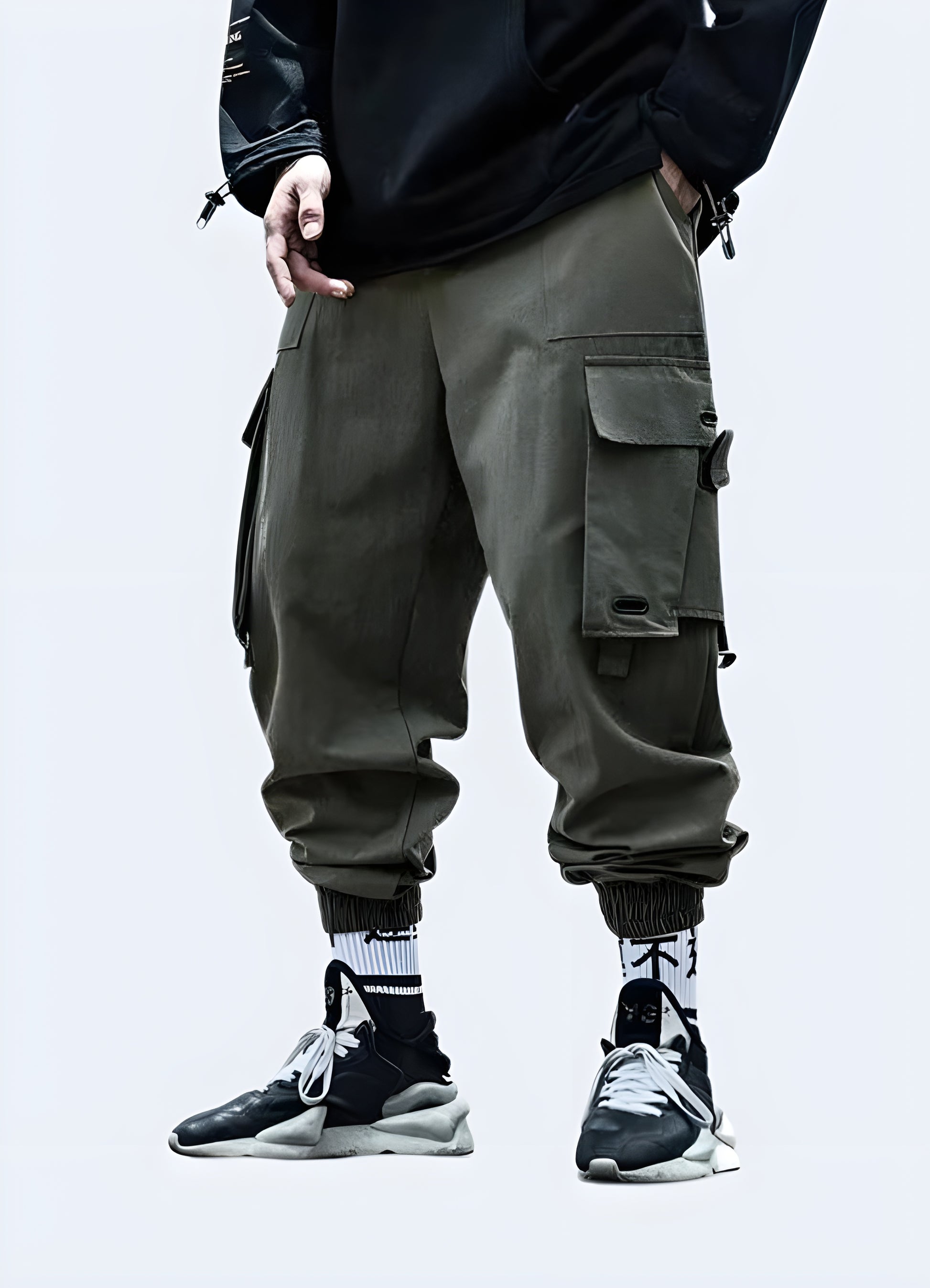 Futuristic black multi pocket techwear-style cargo pants army green.