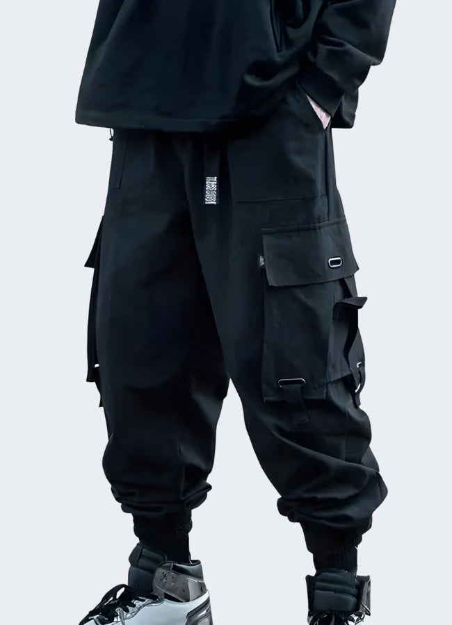 Multi pocket left side black techwear cargo pants.