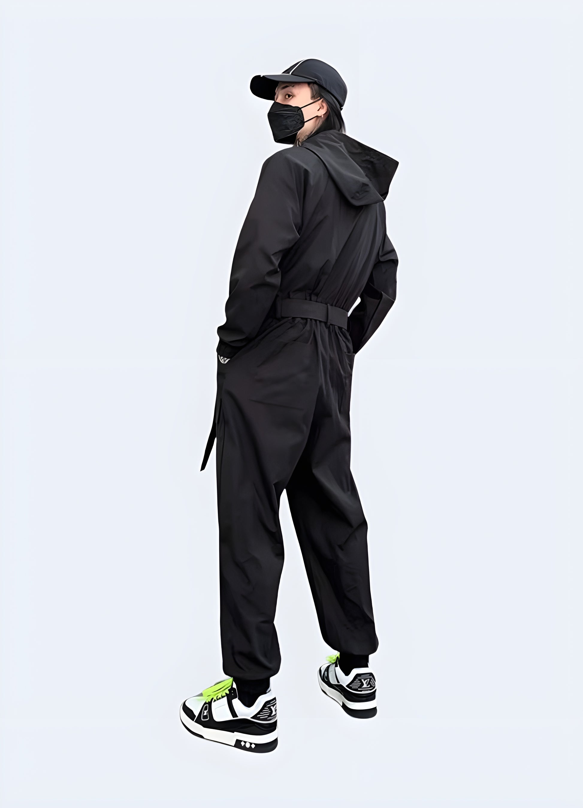 Sleek one-piece techwear jumpsuit.