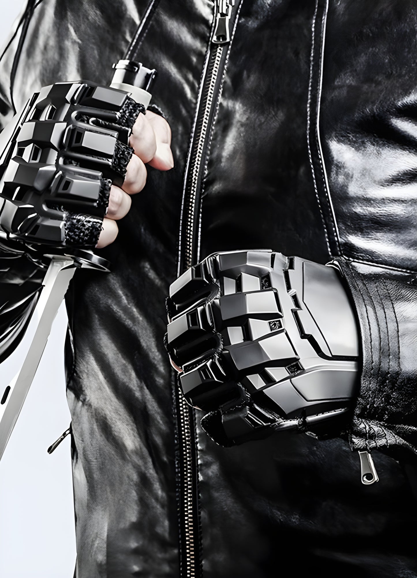 Men wearing fingerless militant gloves warcore front view.