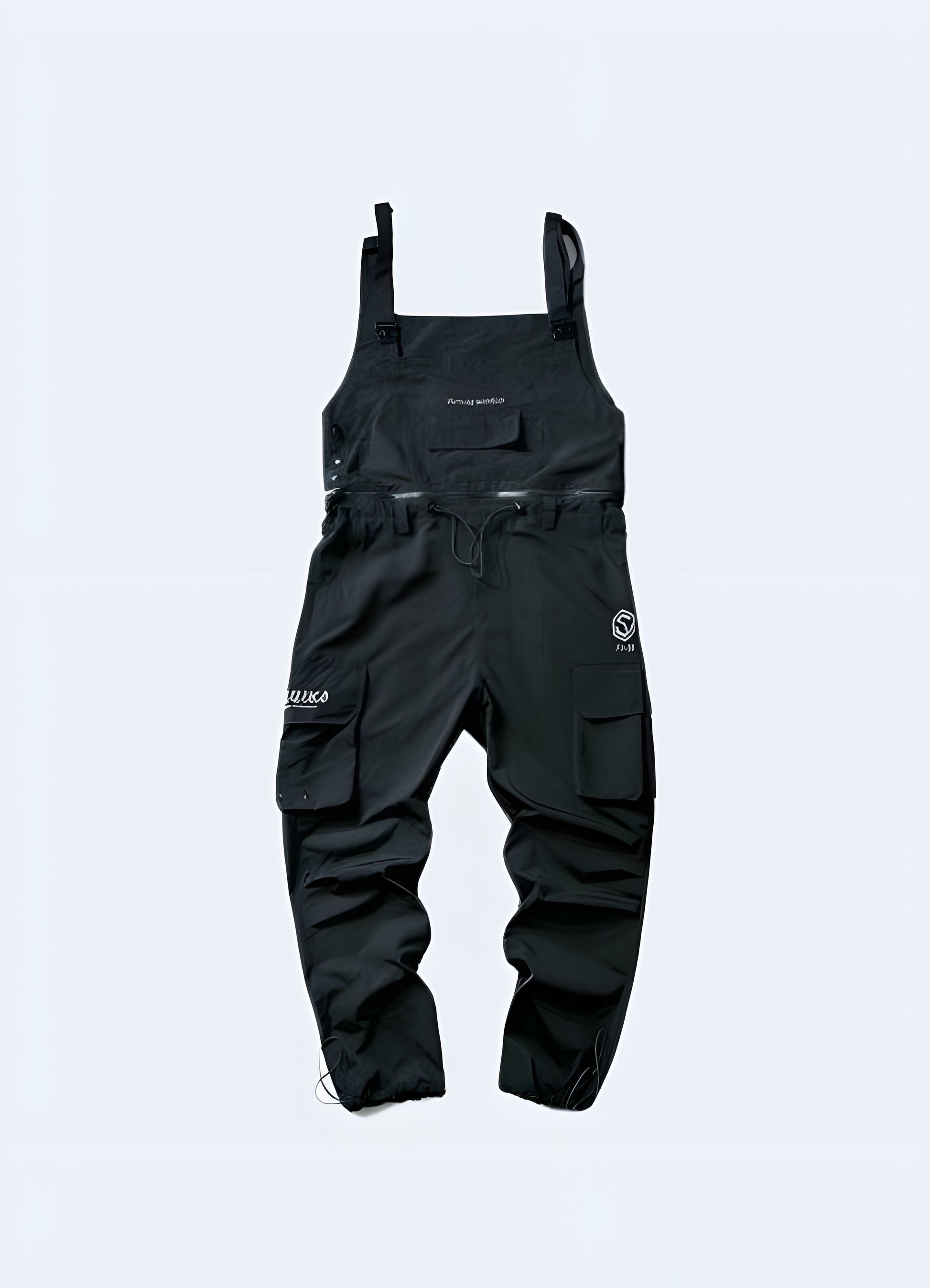 Front view of men's techwear overalls worn by model, showcasing modern utilitarian design with multiple pockets.