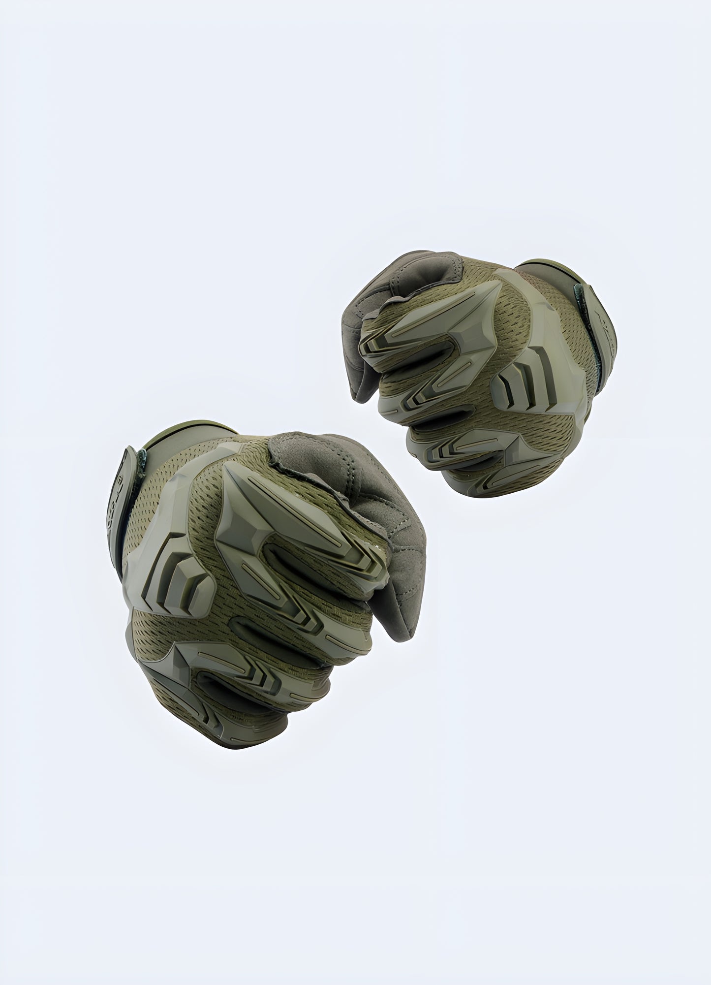 The gloves feature prominent hard knuckle protectors, reinforced padding along the fingers, and textured surfaces on the palm and fingertips for enhanced grip.