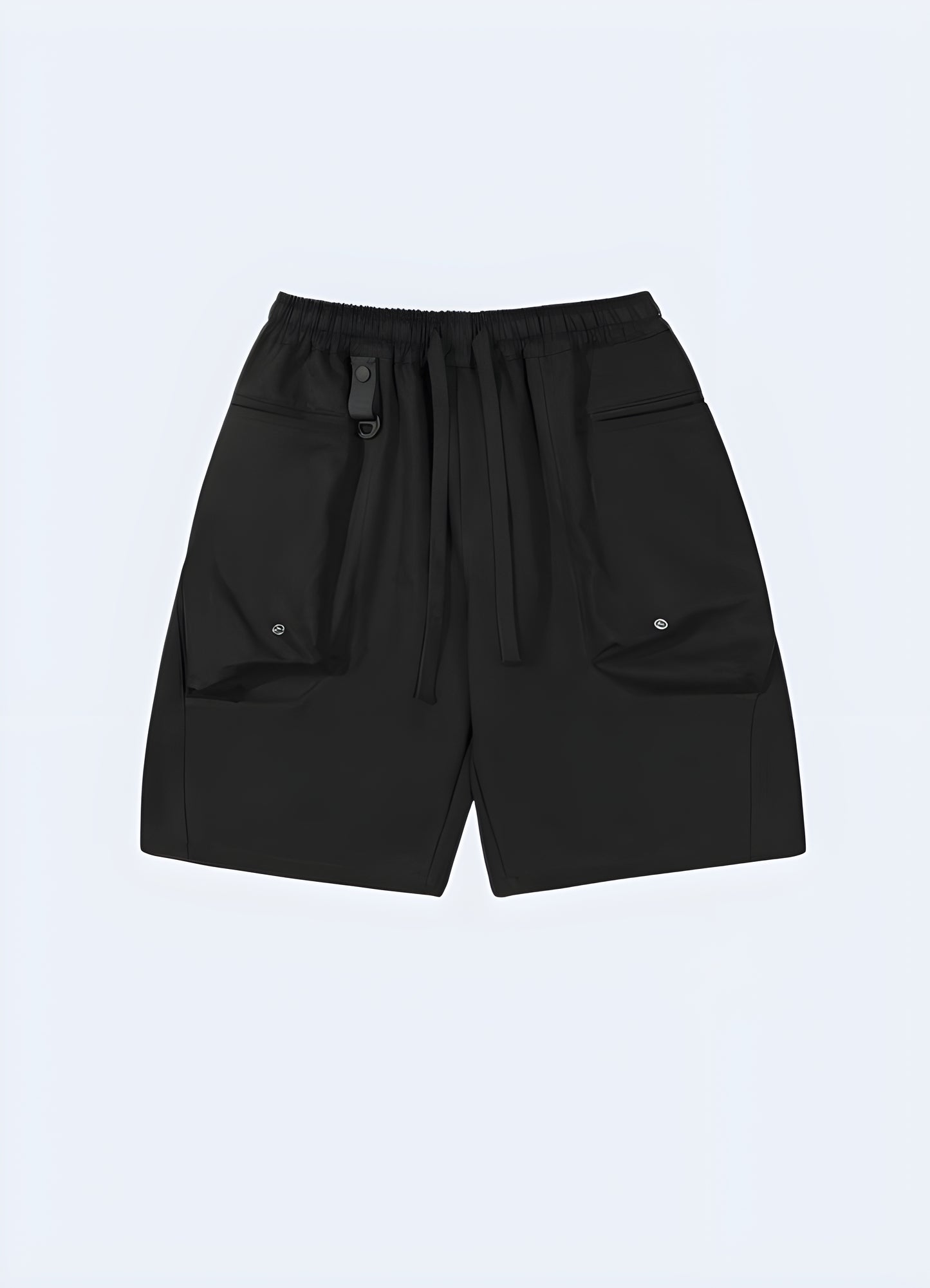 Drawstring closure elastic waist multi pocket cargo shorts.