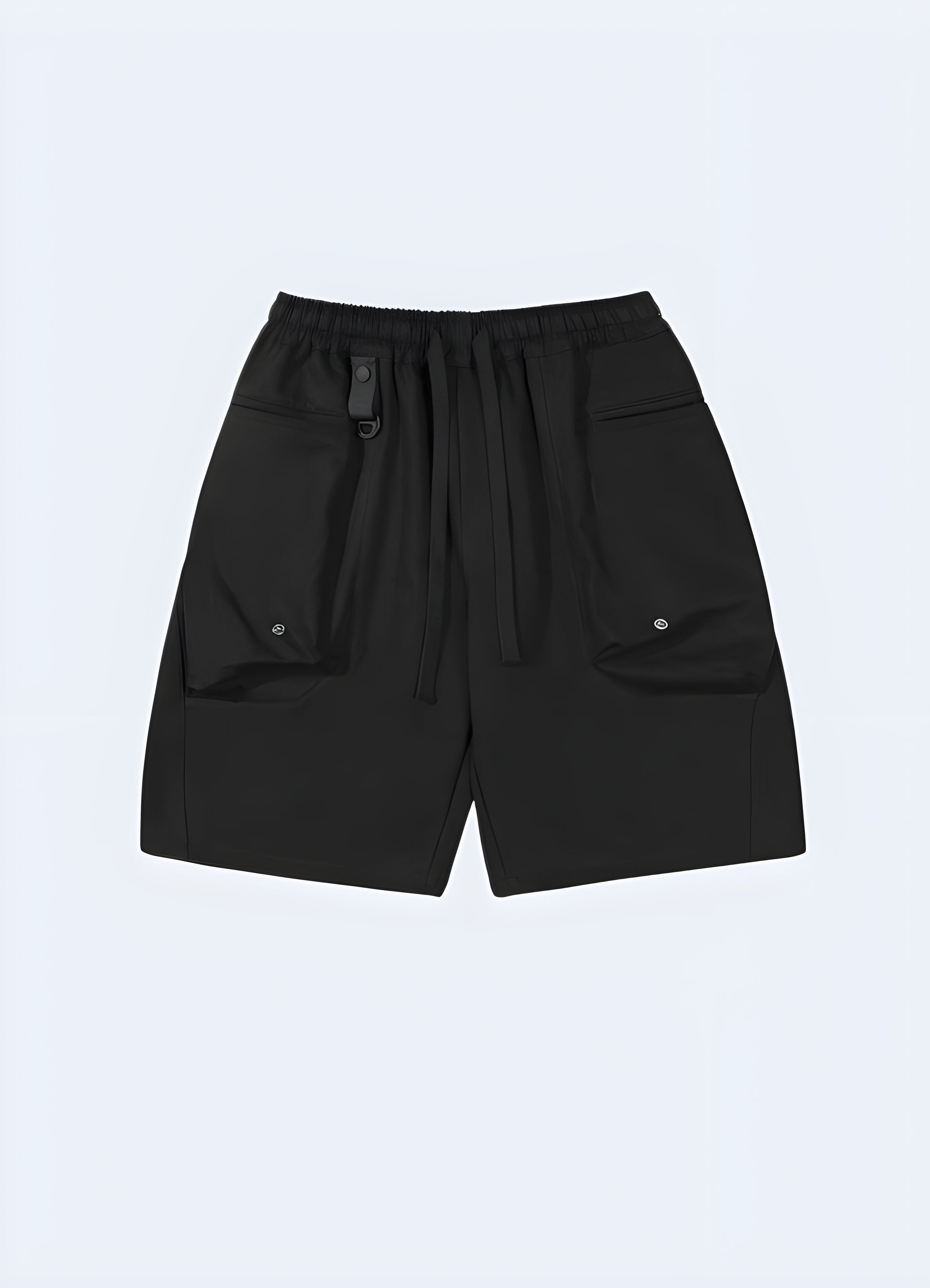 Drawstring closure elastic waist multi pocket cargo shorts.