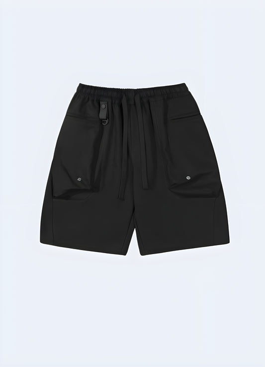 Drawstring closure elastic waist multi pocket cargo shorts.
