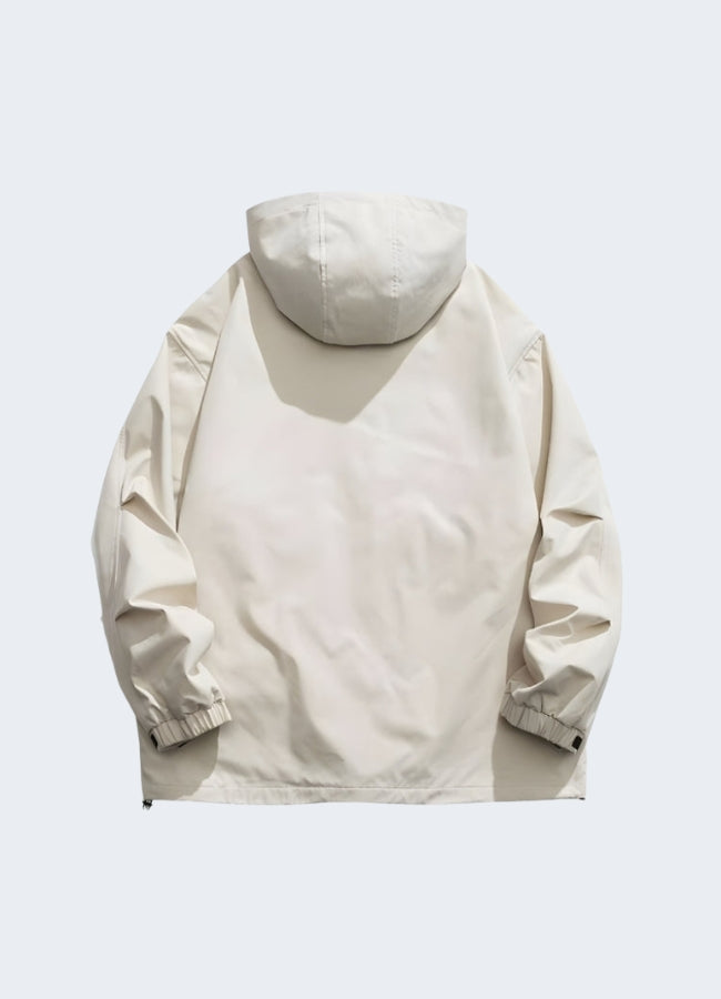 Neutral-toned beige cargo jacket back side.