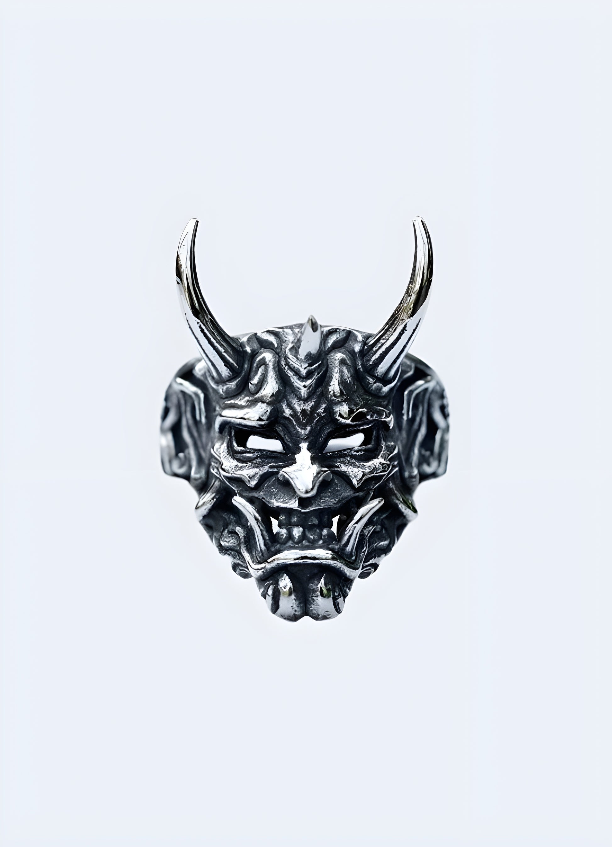 Antiqued silver size 8-13 oni ring.
