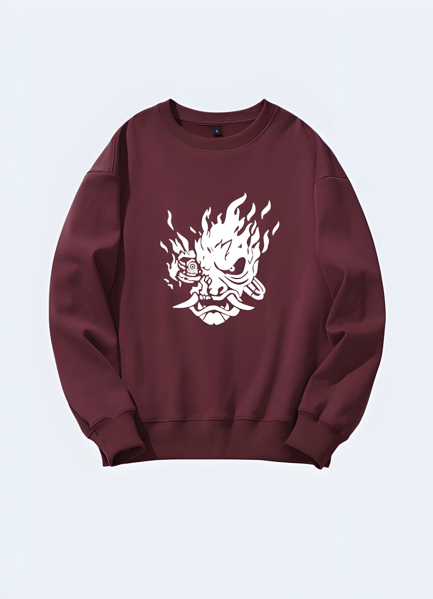 Train like a demon, relax like a king in this versatile burgundy sweatshirt with a fiery white oni.