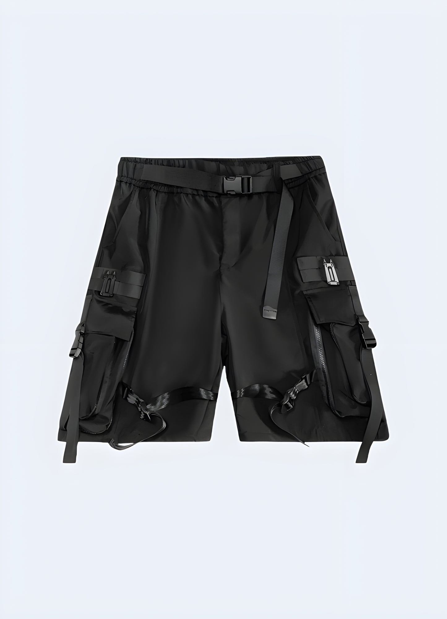 Oversized cargo shorts with side snap buttons.