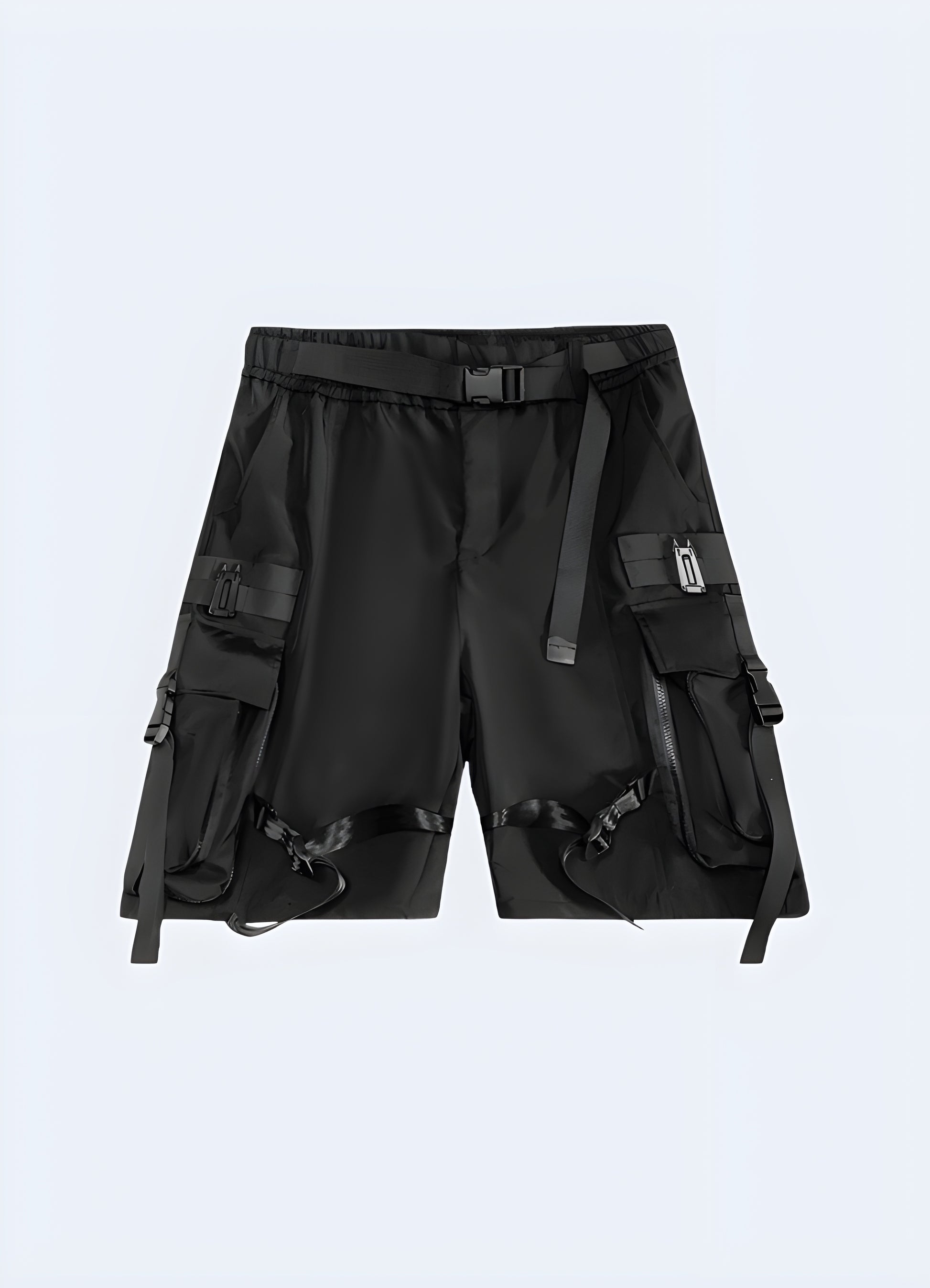 Oversized cargo shorts with side snap buttons.