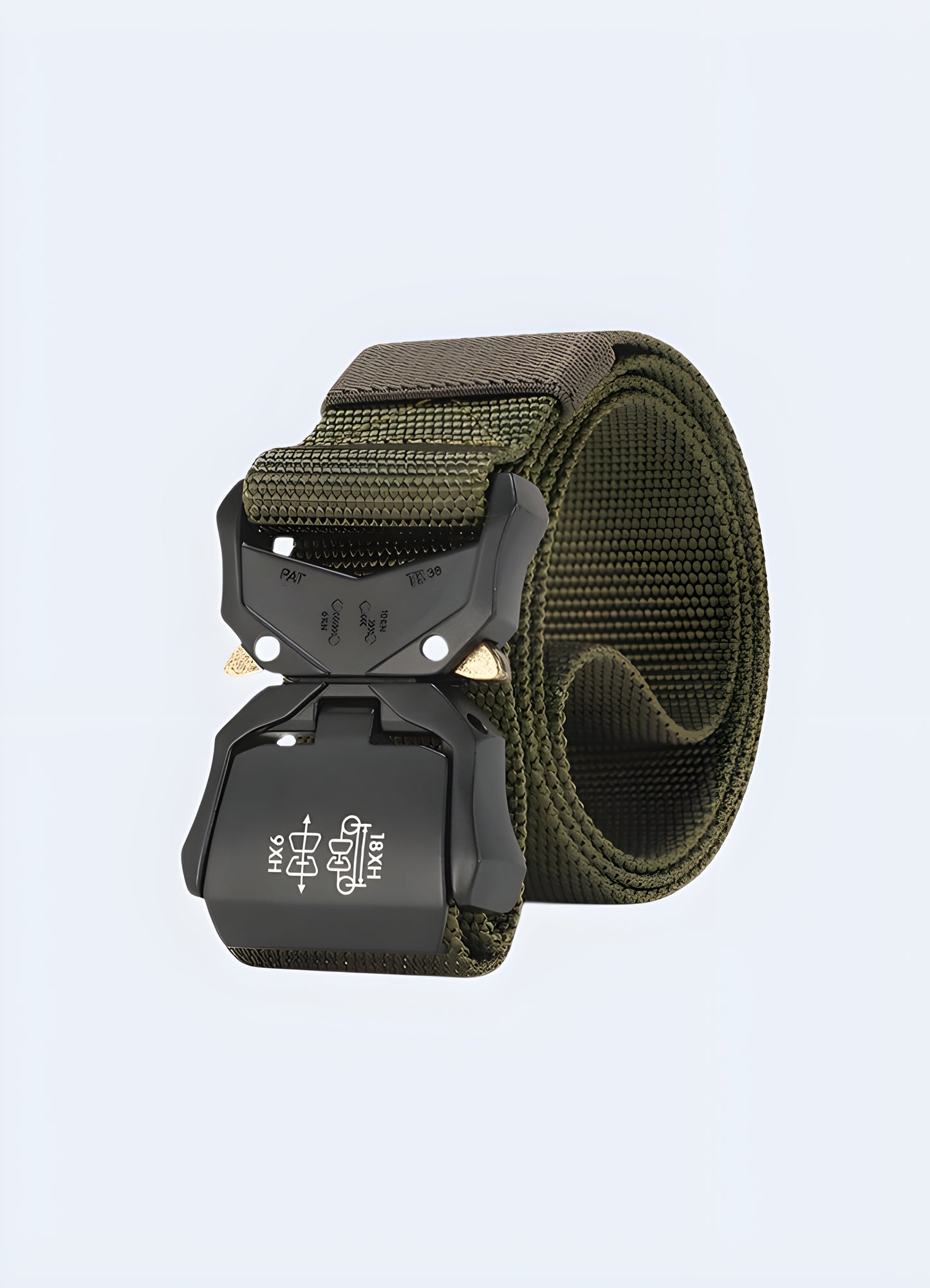 Tactical nylon belt camo pattern green front view.