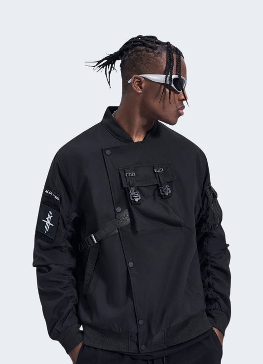 The bomber jacket features ample pockets for storage, making it ideal for everyday wear.