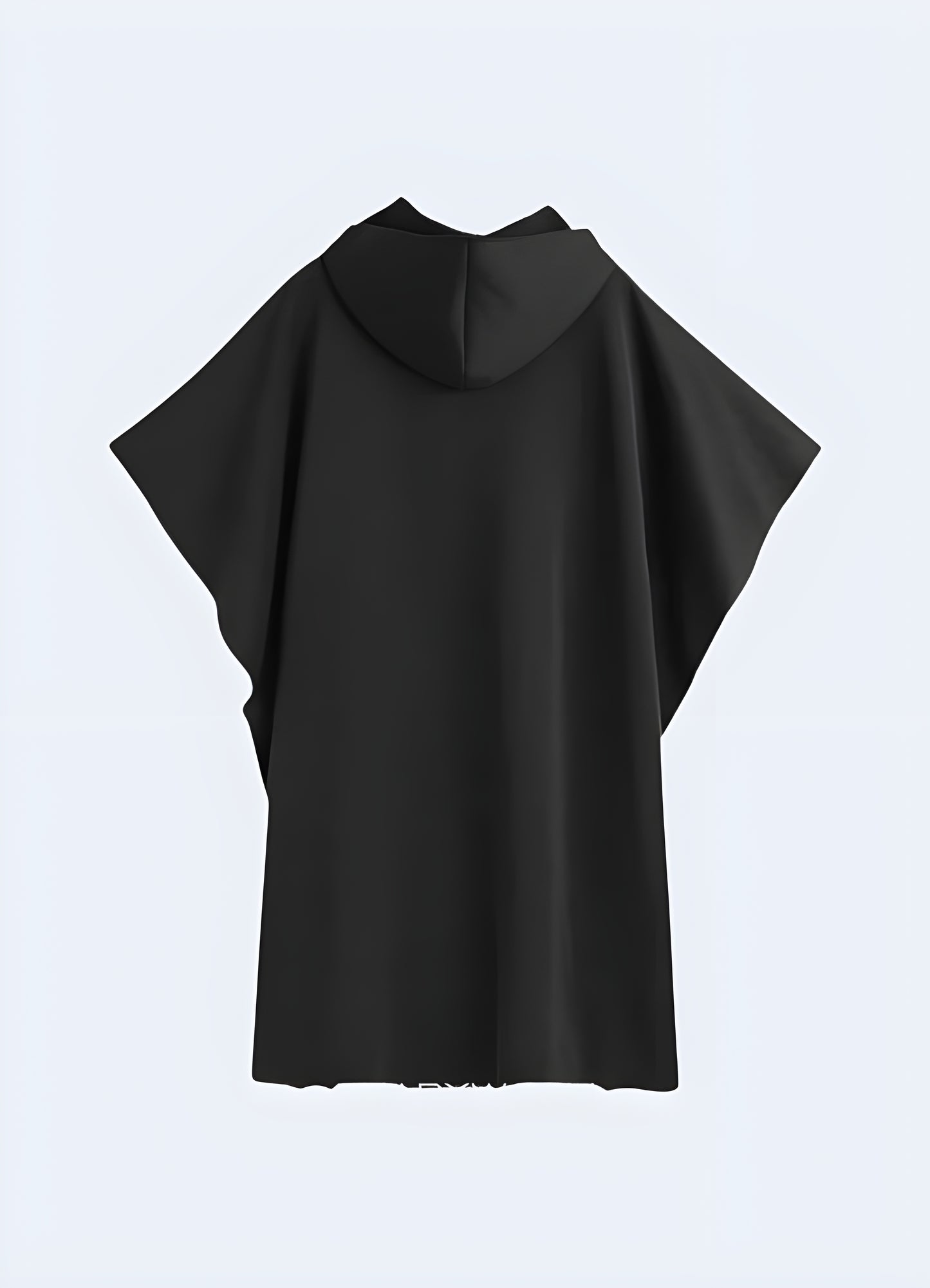 The cape is sleeveless, and it typically has a hood to protect you from the rain.