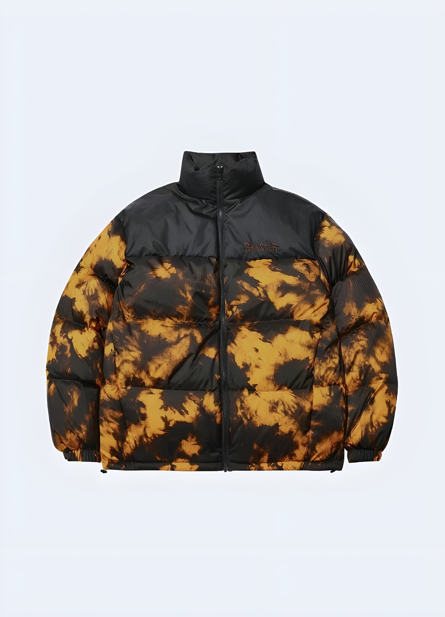 Techwear puffer black jacket oversized front view.