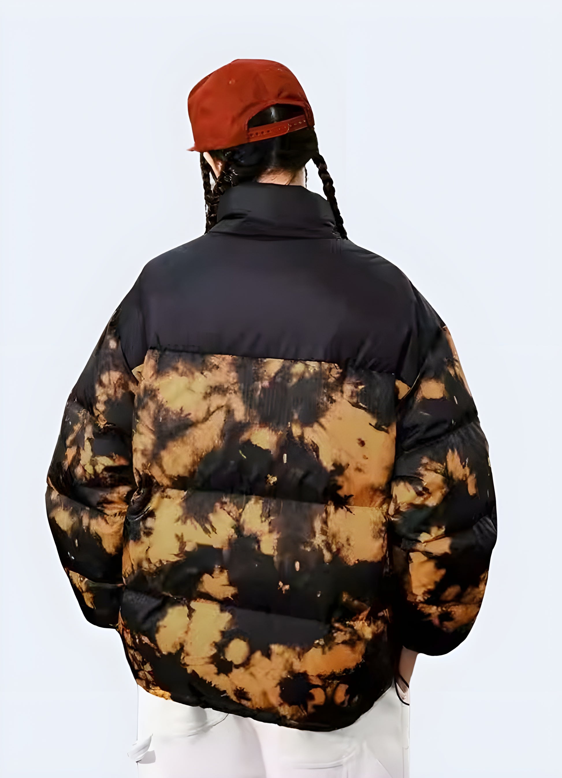 Demonstrating the techwear puffer jacket's versatility in accommodating various body types.