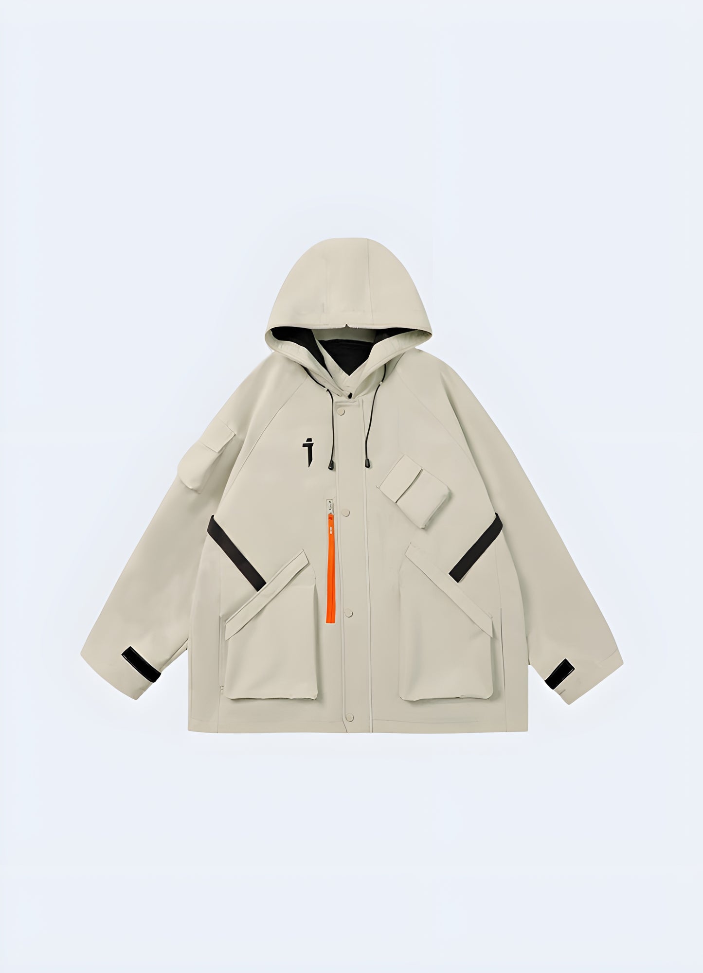 Techwear rain jacket beige waterproof front view.