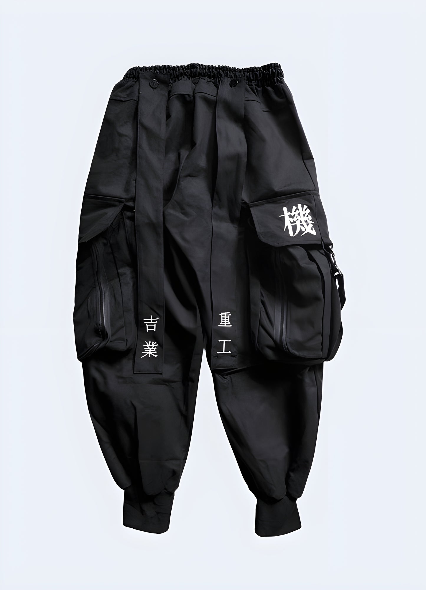 Black techwear samurai pant front view.