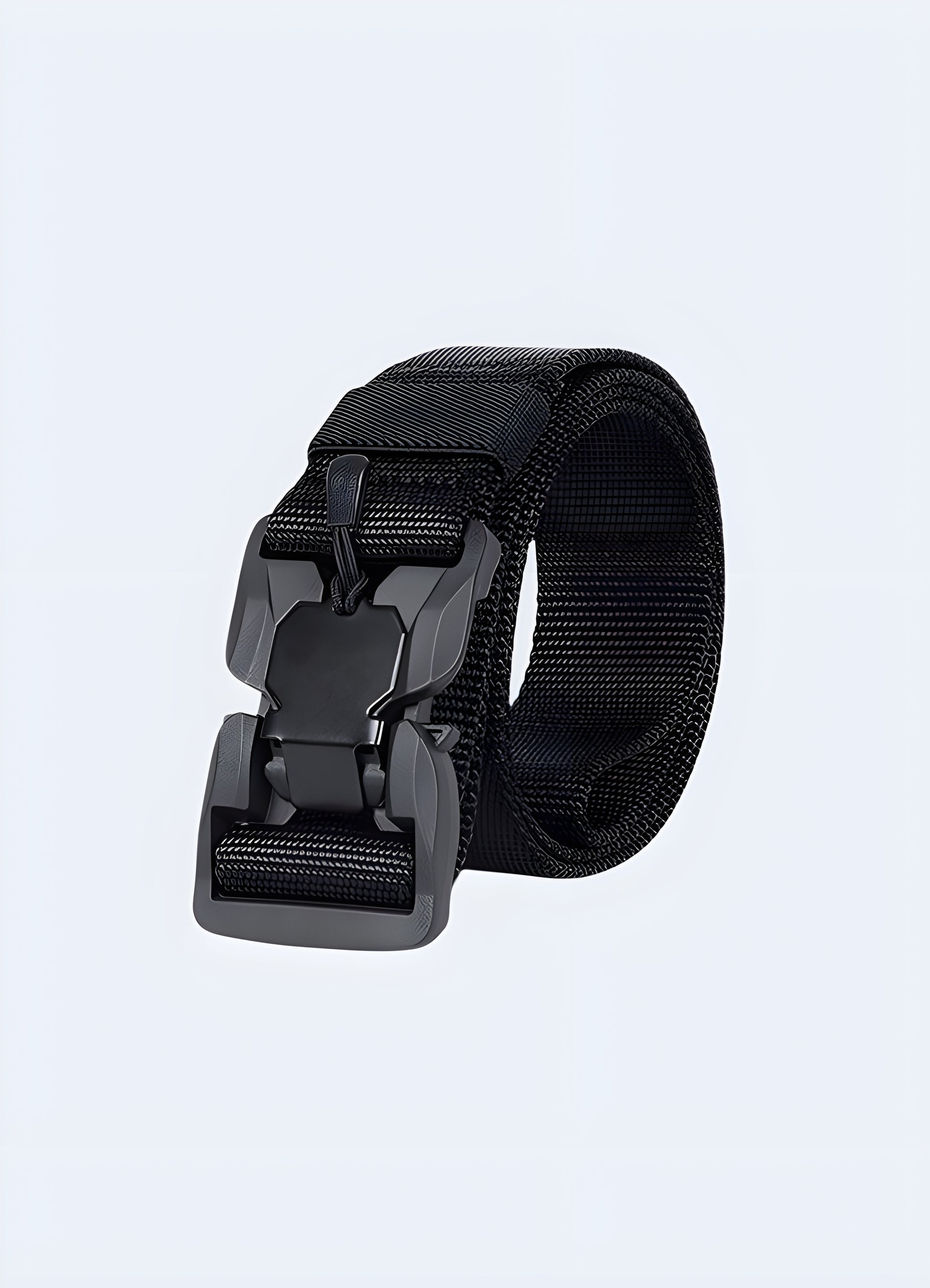 Front view of a streetwear-style urban belt featuring a bold abstract pattern and metal buckle, laid flat for display.