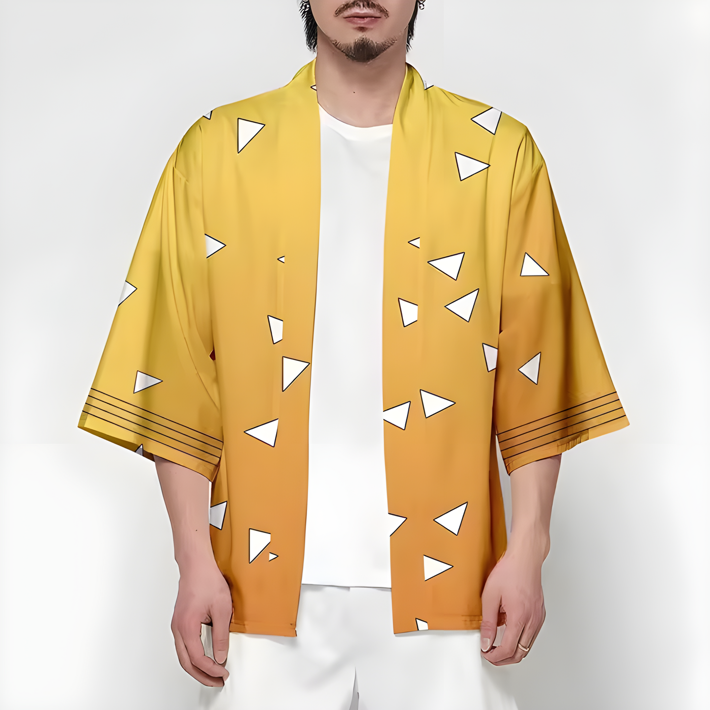 Person wearing a Demon Slayer Zenitsu kimono, shown in a front view to showcase its bold, lightning-inspired design and vibrant colors.