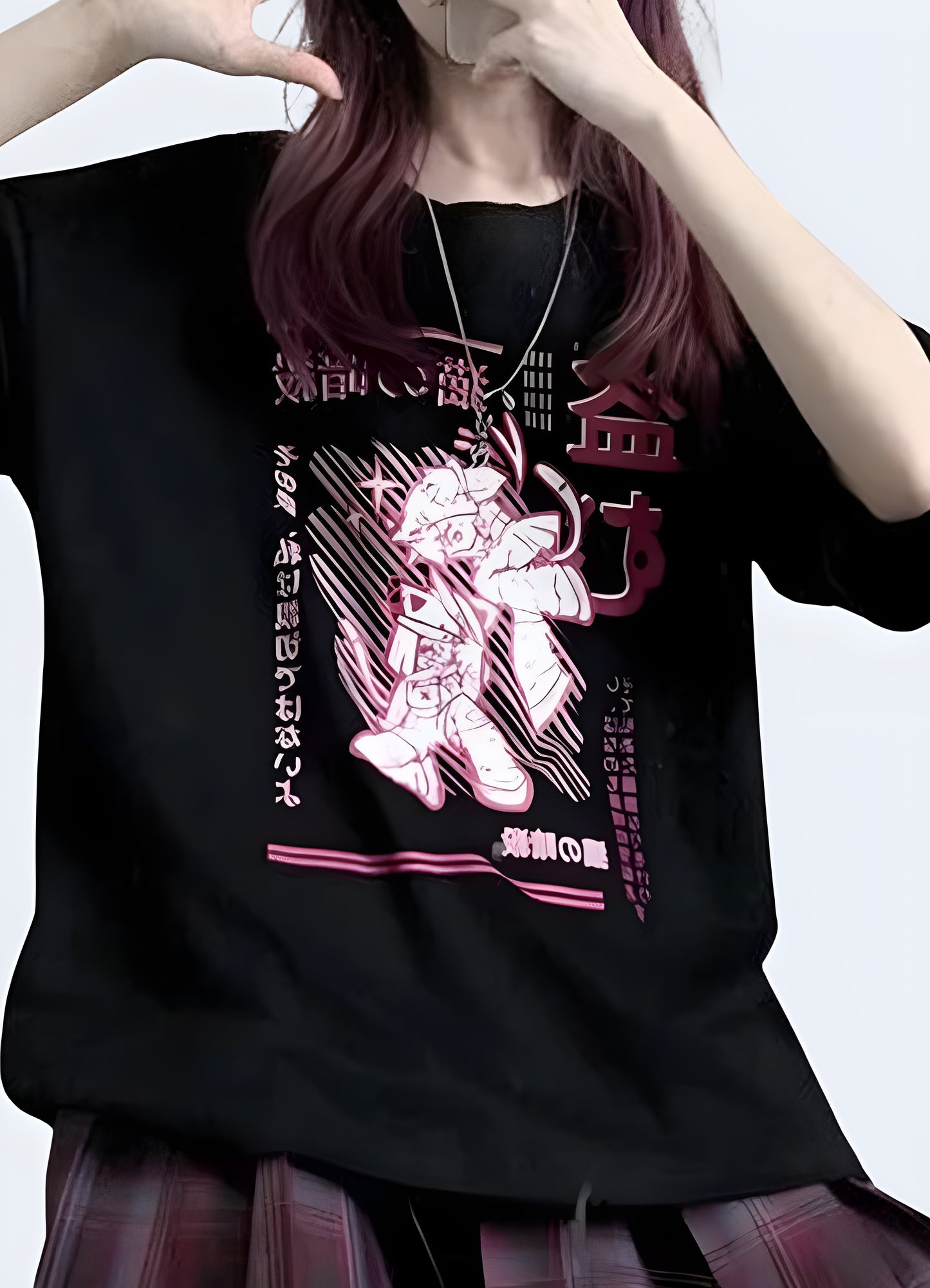 Women wearing pink anime t shirt front view.