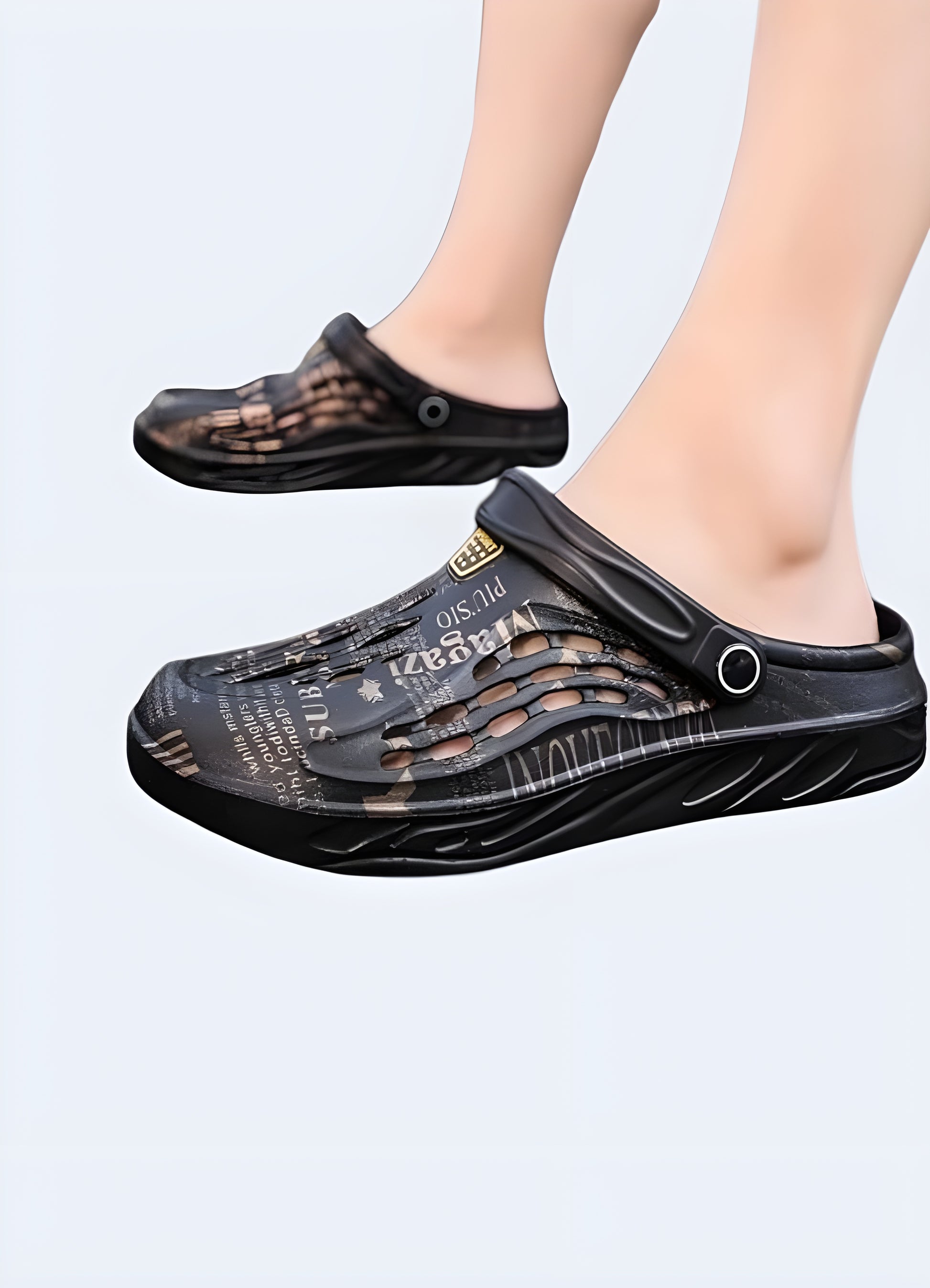 Woman wearing black techwear clogs, side view. Showcasing sleek and innovative style.