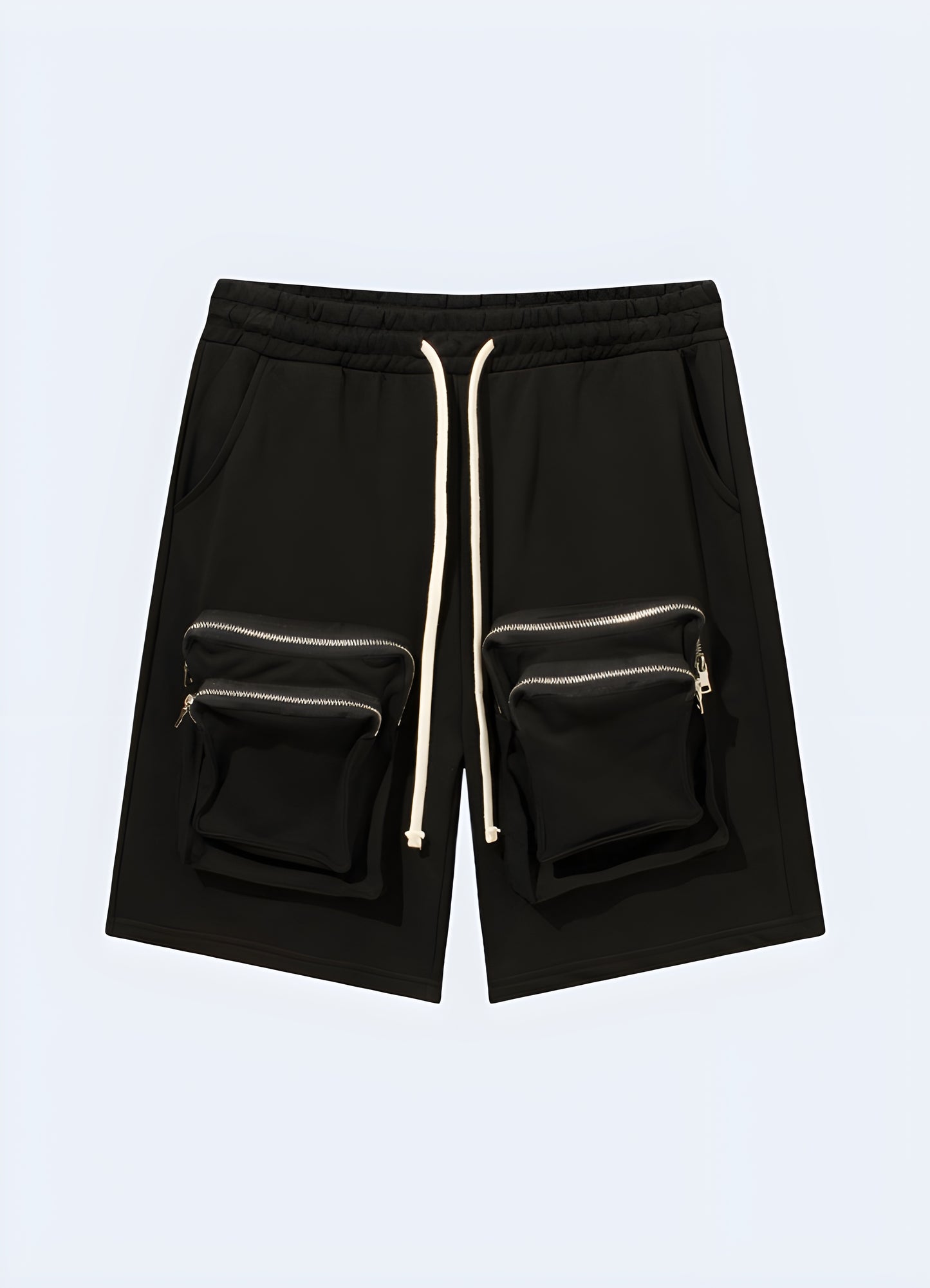 Zipper side cargo shorts with snap buttons.