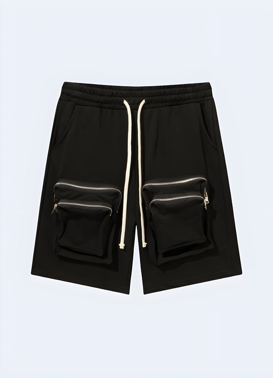 Zipper side cargo shorts with snap buttons.