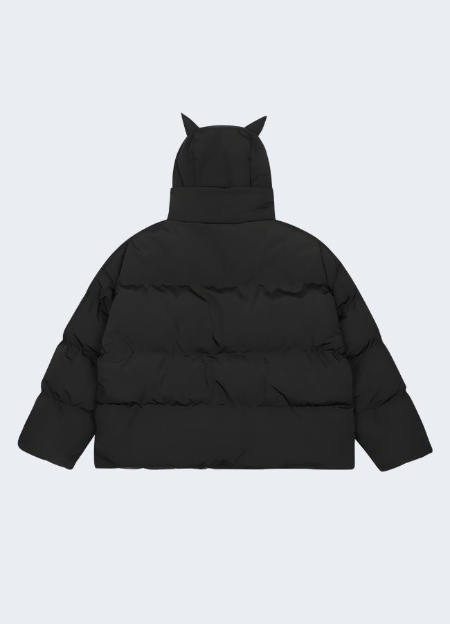 Devil horn jacket oversized black hood back view.