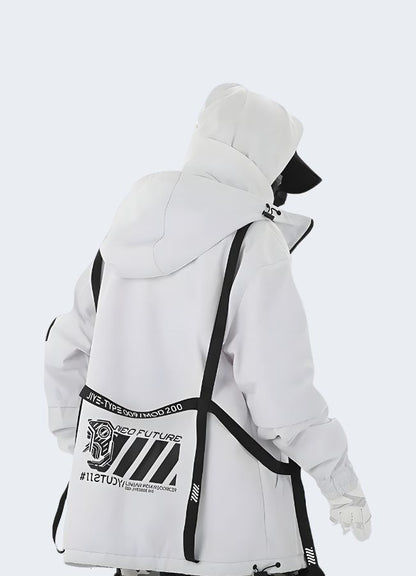 The back of a sleek white streetwear anorak hood and kangaroo pocket for all your essentials.