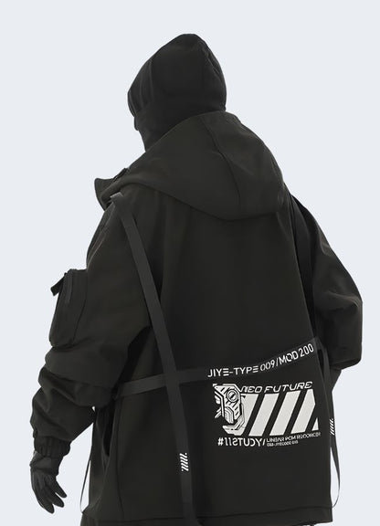  The back of a sleek black streetwear anorak hood and kangaroo pocket for all your essentials.
