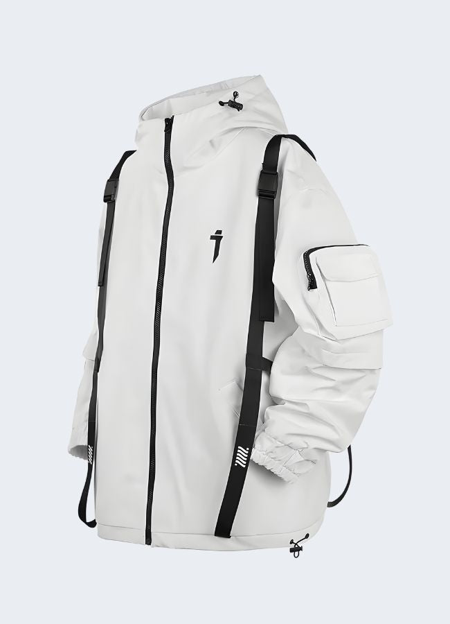 Close-up of the high-quality zipper and adjustable drawstring on a white streetwear anorak.
