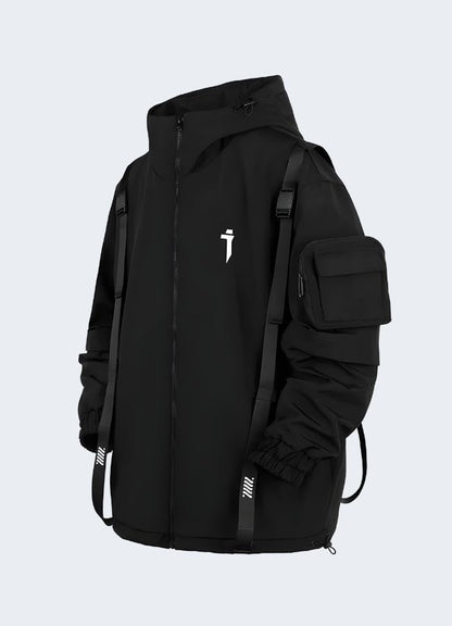 Close-up of the high-quality zipper and adjustable drawstring on a black streetwear anorak.