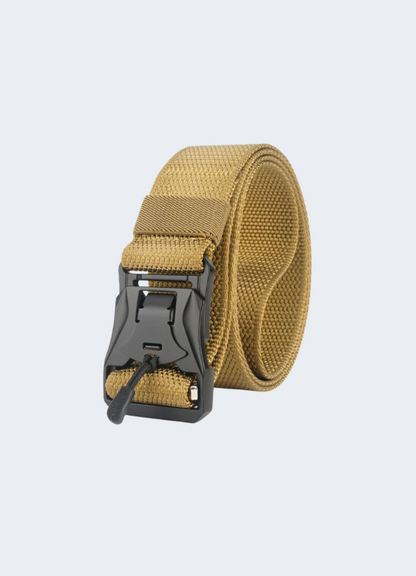 Tan tactical belt with a black buckle on a light gray background