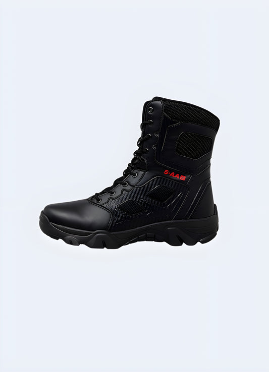 Anti-collision toe cap, robust laces, side zipper aesthetic black boots.