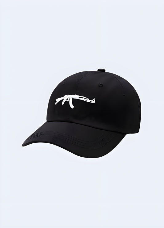Embroidered AK-47 motif curved bill with mesh back black cap. 