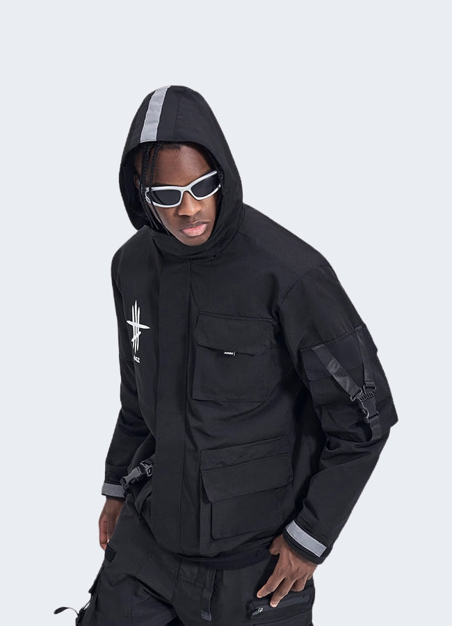 Men wearing black techwear jacket left side view.