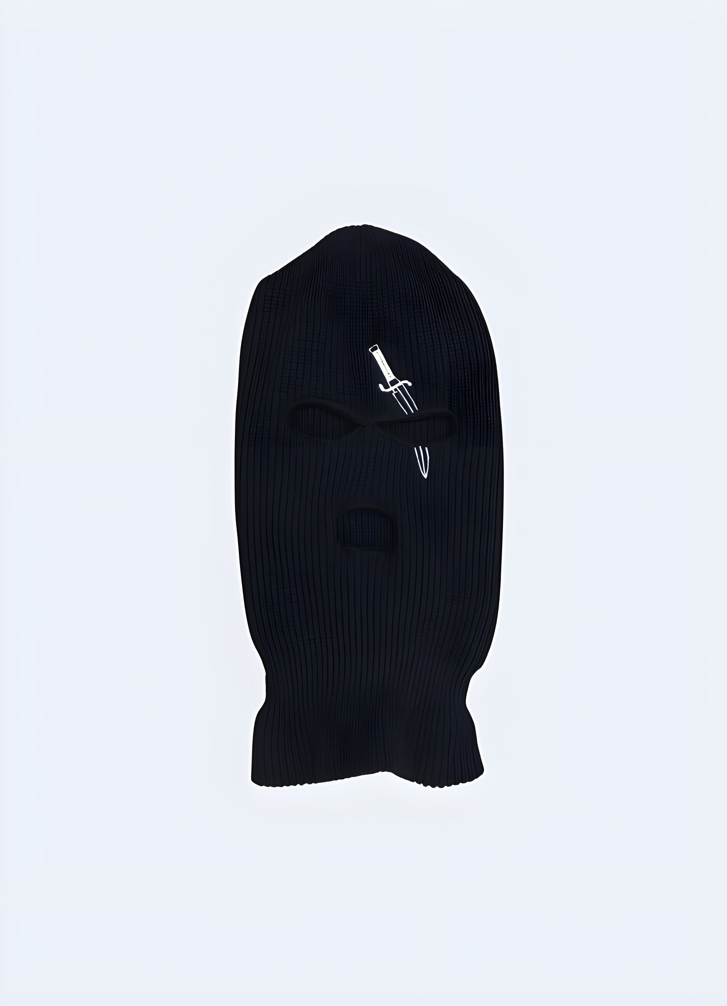 Front view of a model wearing a balaclava, covering the entire head and neck with openings for the eyes and mouth. 