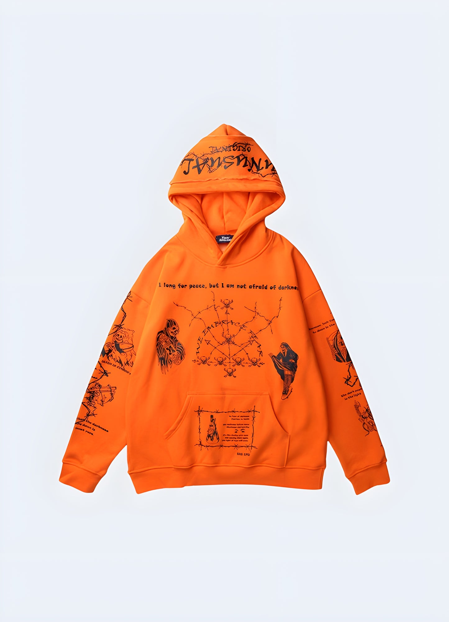 Big pocket front side orange barbed wire hoodie.