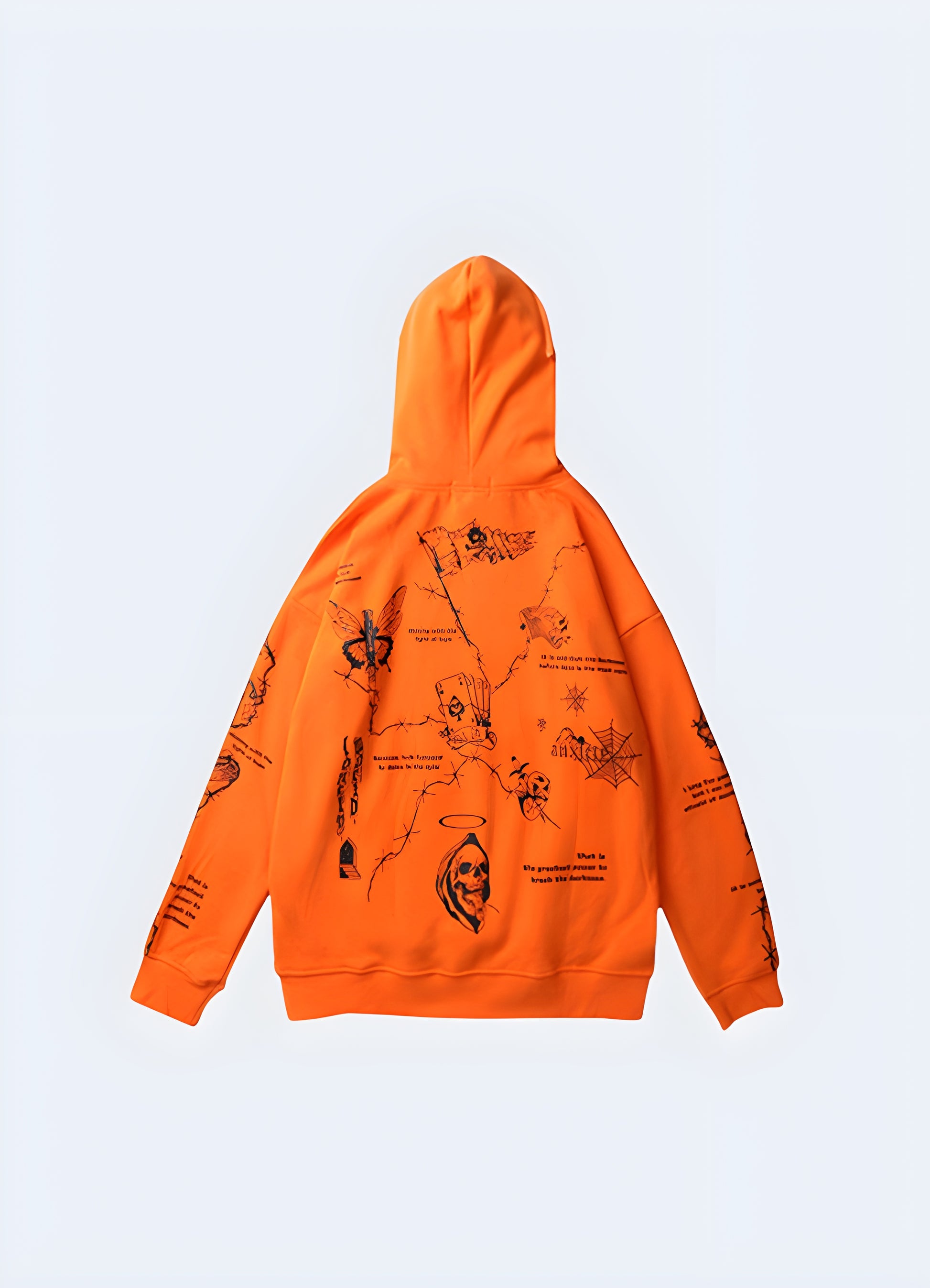 Orange hoodie with barbed wire graphic print.