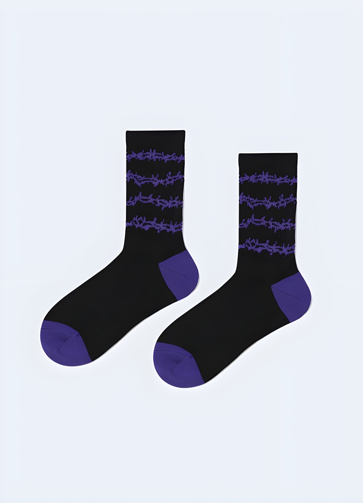 Purple barbed wire socks, side view. Vibrant and distinctive socks for a standout style.