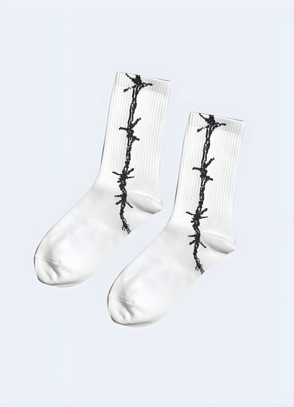 White barbed wire socks, side view. Clean and striking design for a unique look.