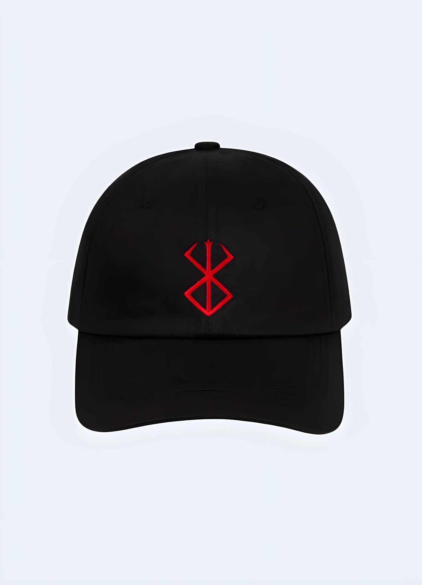 The cap is black with the iconic Berserk brand logo prominently embroidered on the front in bold red and white stitching. 