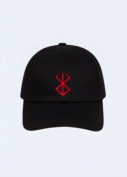 The cap is black with the iconic Berserk brand logo prominently embroidered on the front in bold red and white stitching. 