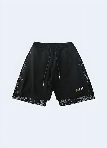 Black and white bandana print shorts with a rebellious spirit. 