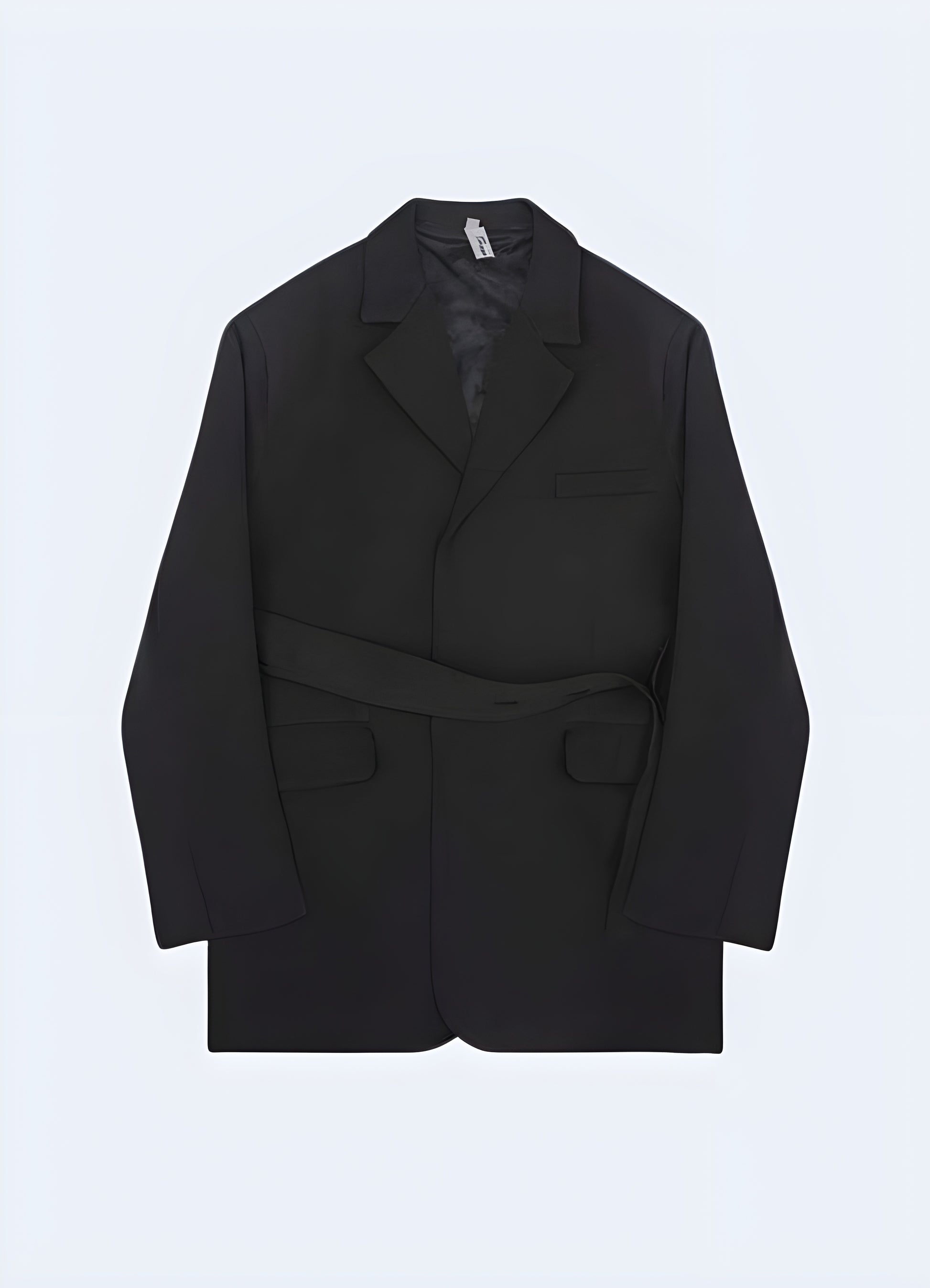 Sleek black blazer style jacket with notched lapels.