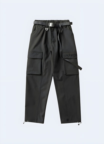 Black cargo pant front view with multiple pockets.