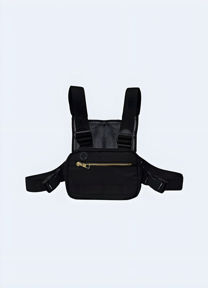 Multiple interior organizer pockets tonal colorway black chest bag.