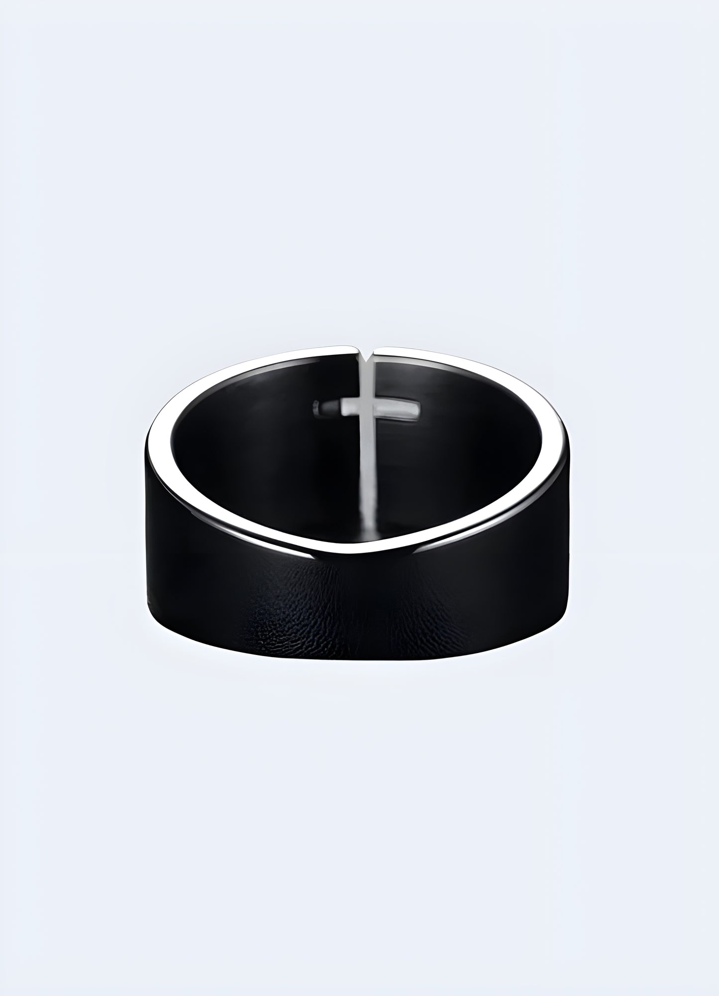 Black cross ring made of stainless steel that won't tarnish or fade over the time.