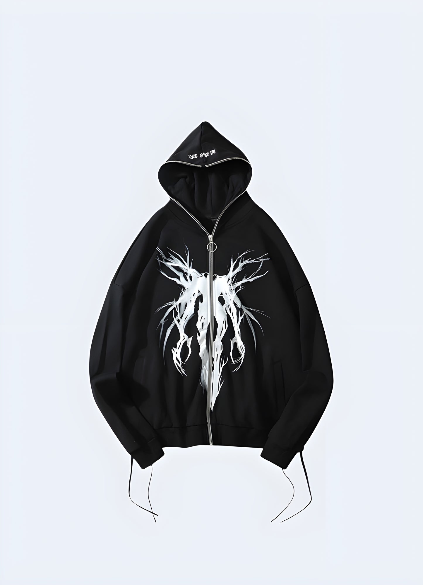 Oversized black grunge graphic hoodie.