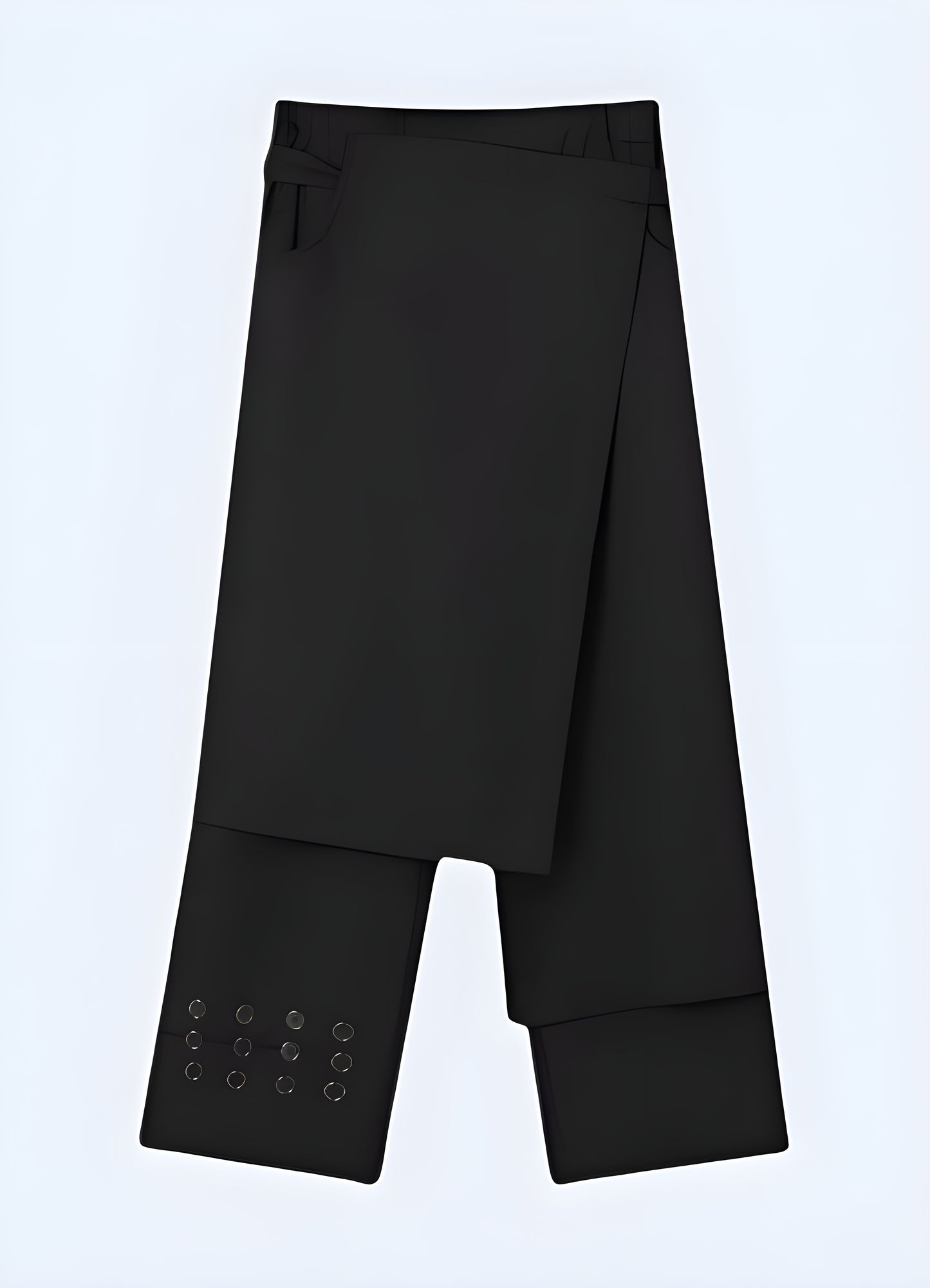 Dark hakama-style pants front view.